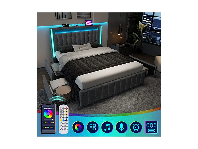 Lit capitonné 140x200cm avec 4 tiroirs, LED + Prises USB + Type C, Tissu lin - Gris (sans matelas)