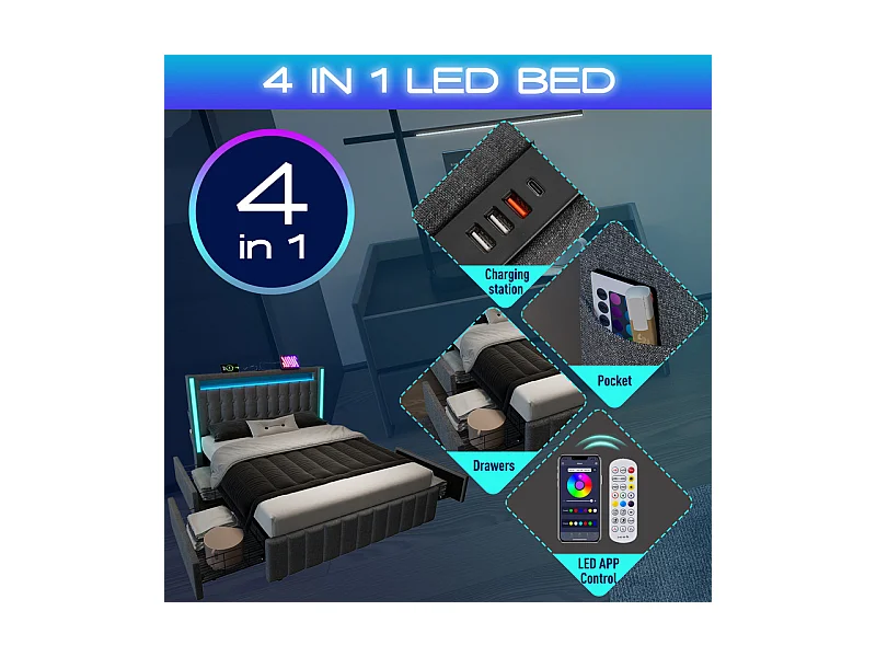 Lit capitonné 140x200cm avec 4 tiroirs, LED + Prises USB + Type C, Tissu lin - Gris (sans matelas)