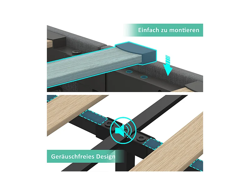 Lit capitonné 140x200cm avec 4 tiroirs, LED + Prises USB + Type C, Tissu lin - Gris (sans matelas)