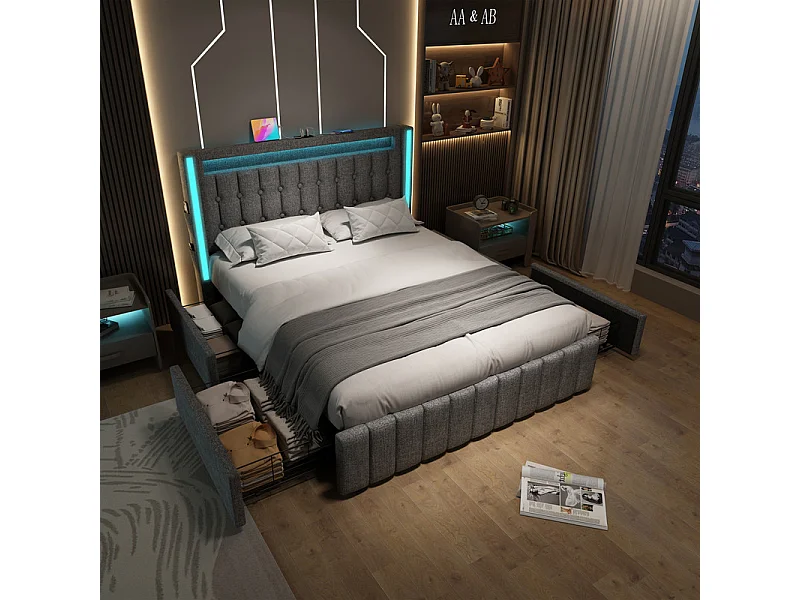 Lit capitonné 140x200cm avec 4 tiroirs, LED + Prises USB + Type C, Tissu lin - Gris (sans matelas)