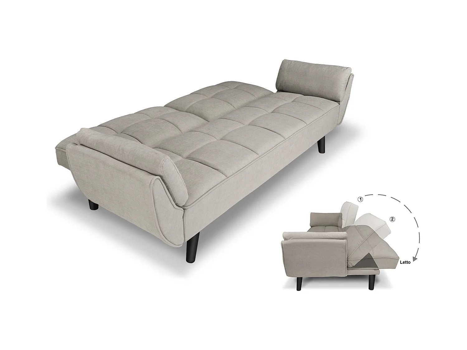 Divano letto clic clac in tessuto vellutato tortora - Ambra piede legno nero