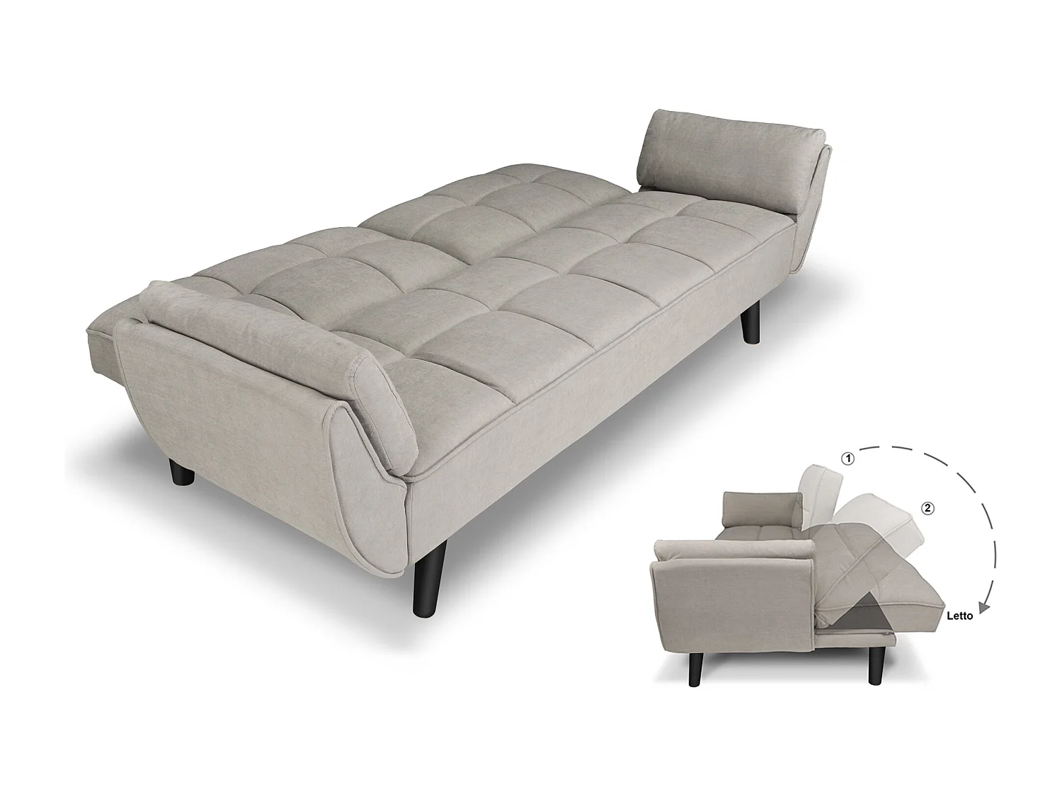 Divano letto clic clac in tessuto vellutato tortora - Ambra piede legno nero