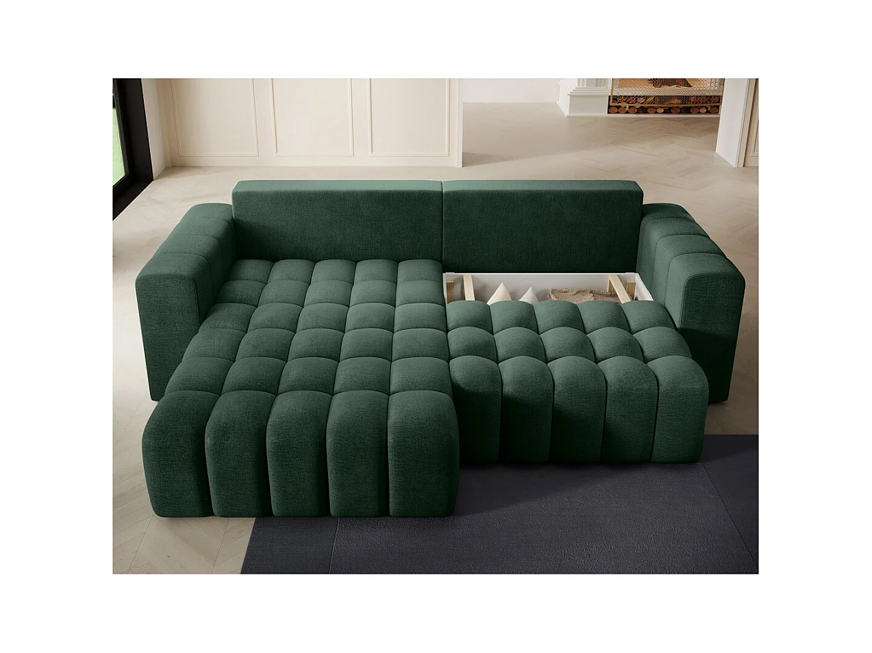 Canapé d'angle gauche 3 places ASSIA convertible en tissu - Vert foncé
