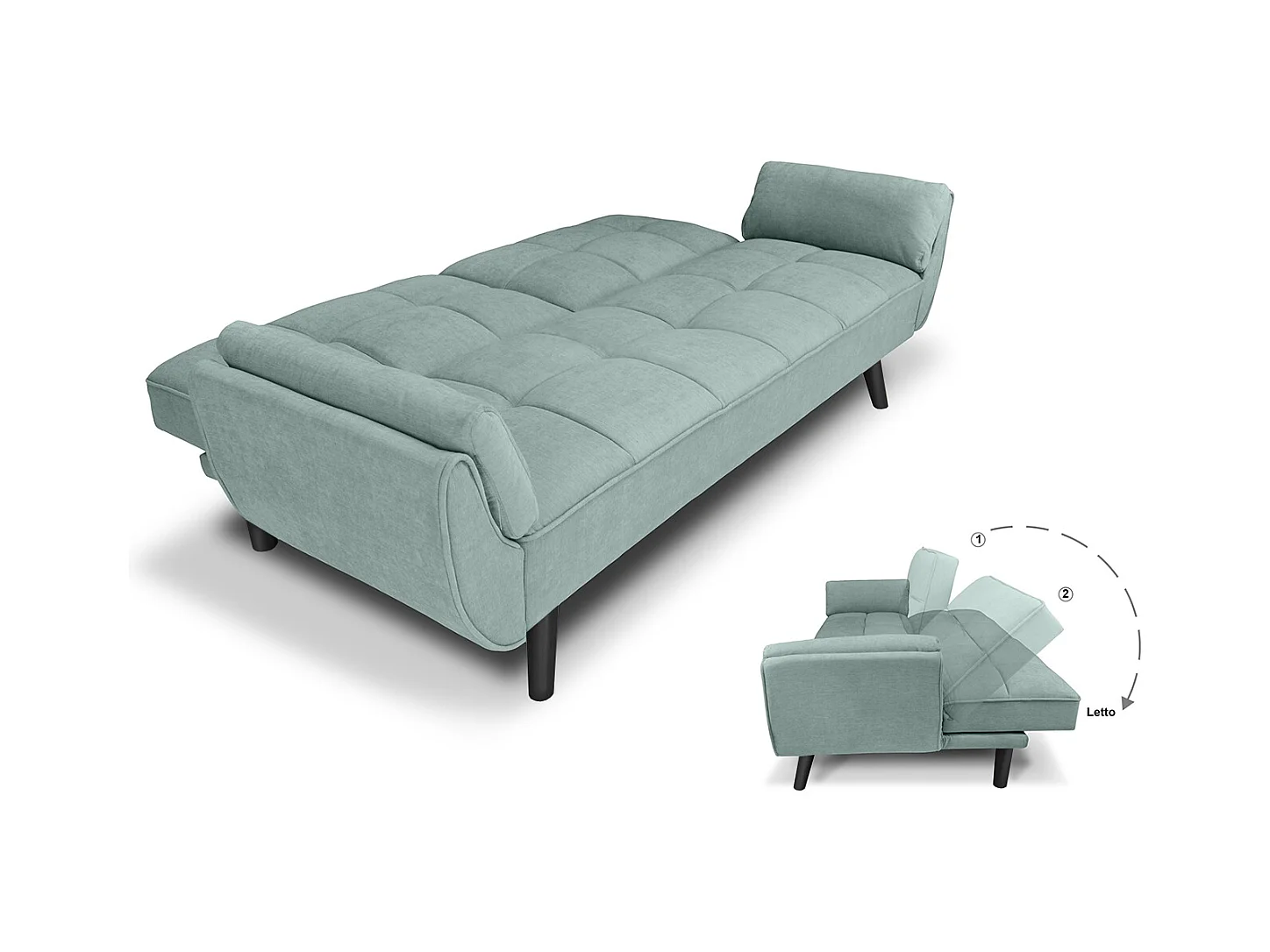 Divano letto clic clac in tessuto vellutato verde tiffany - Ambra piede legno nero