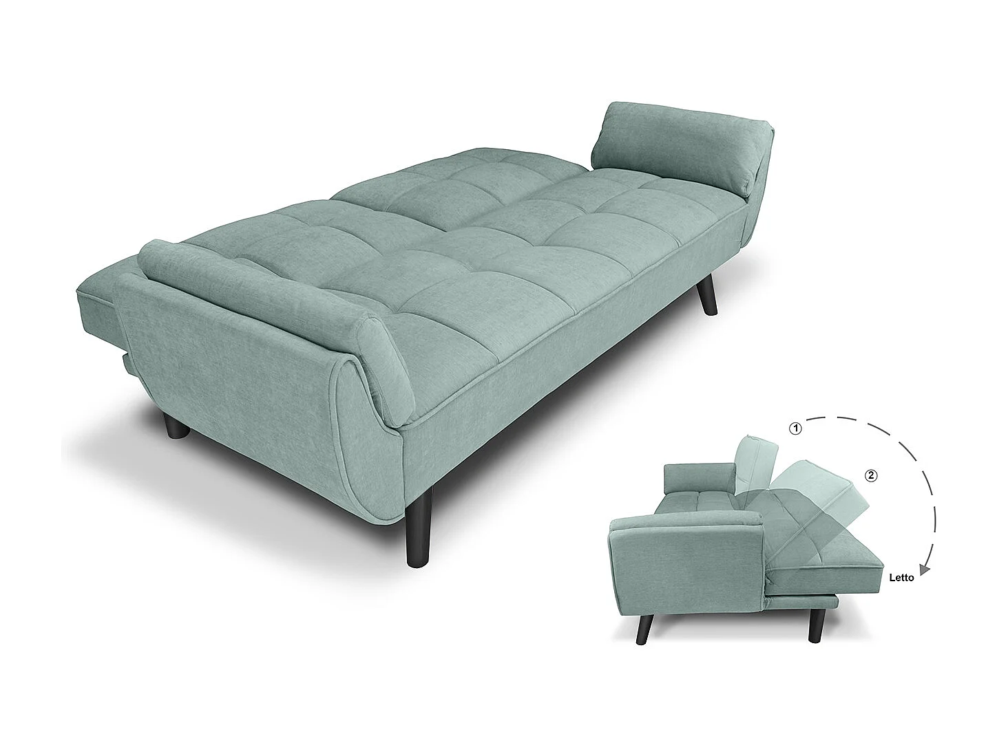 Divano letto clic clac in tessuto vellutato verde tiffany - Ambra piede legno nero