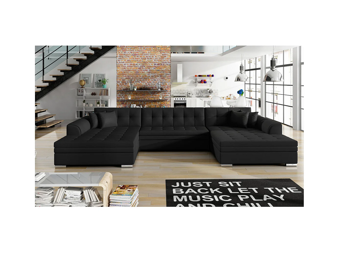 Canapé d'angle panoramique 5 places RIMA convertible en simili - Noir