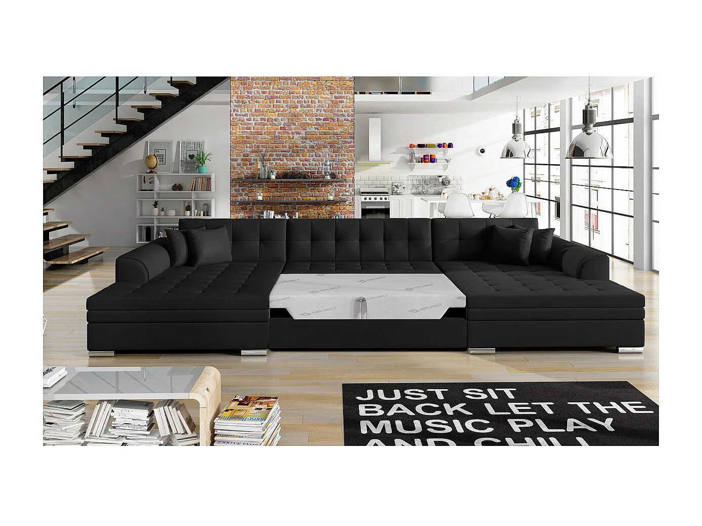 Canapé d'angle panoramique 5 places RIMA convertible en simili - Noir