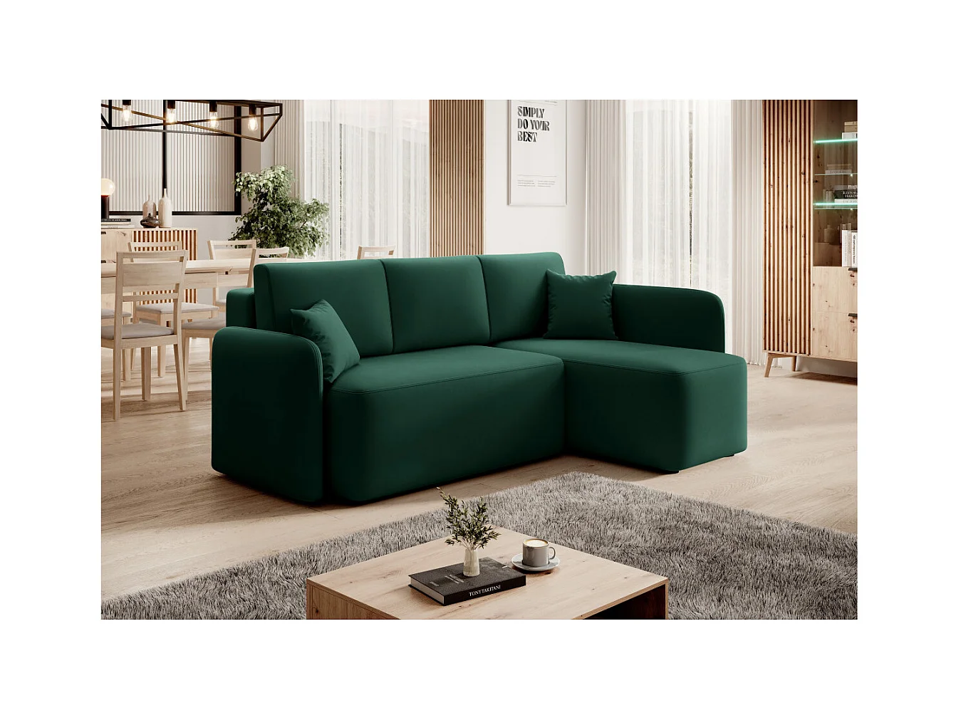 Petit canapé d'angle convertible 3 places tissu vert Takin 206cm-Méridienne A droite