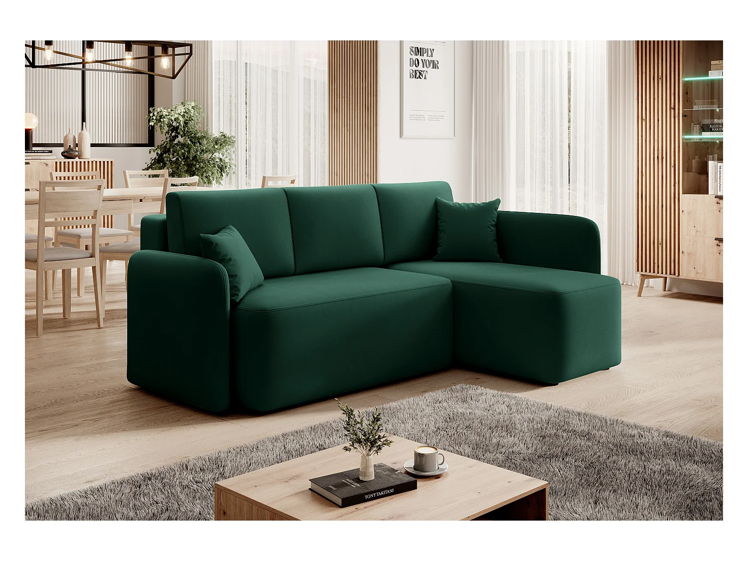 Petit canapé d'angle convertible 3 places tissu vert Takin 206cm-Méridienne A droite