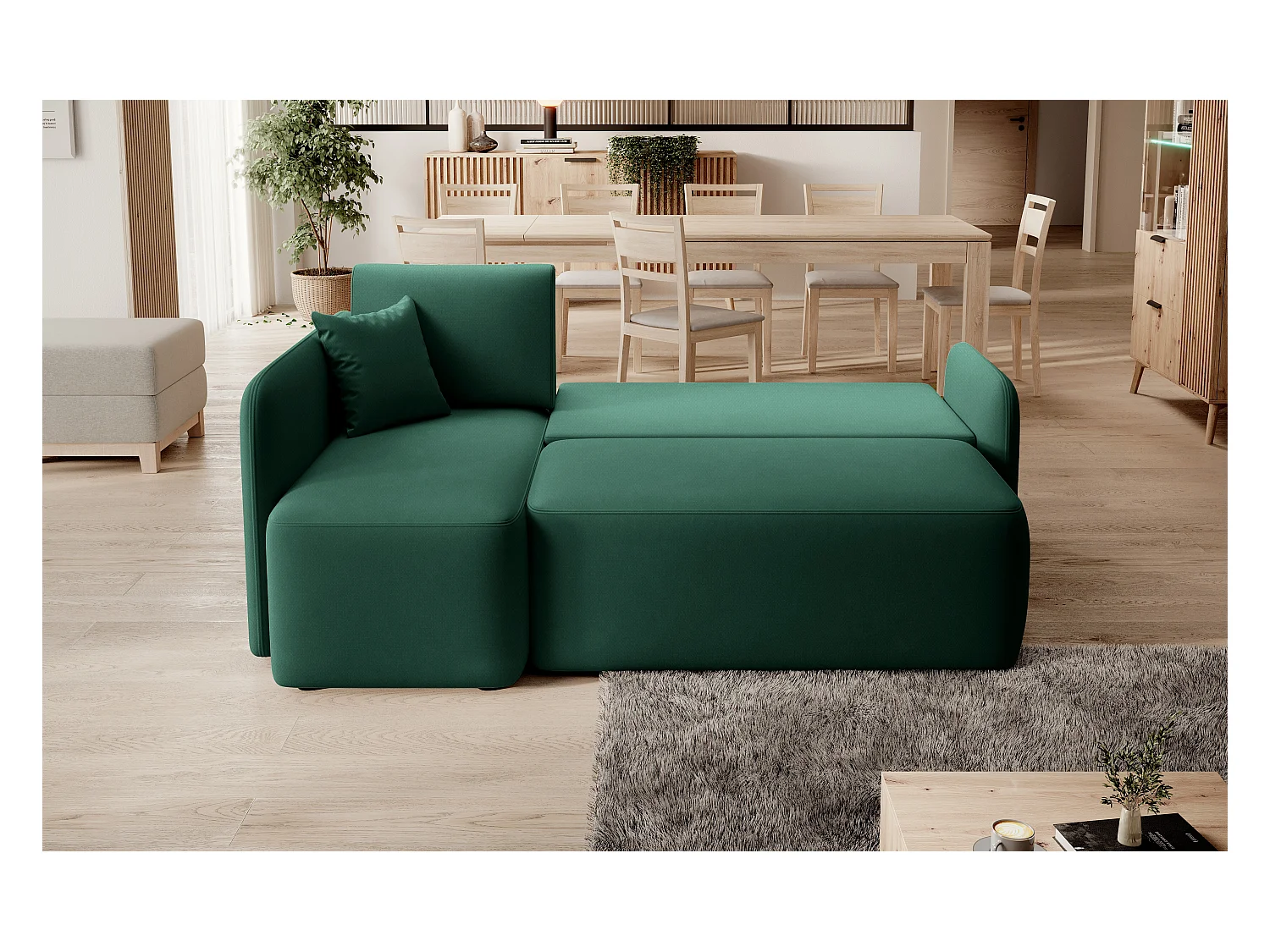 Petit canapé d'angle convertible 3 places tissu vert Takin 206cm-Méridienne A droite