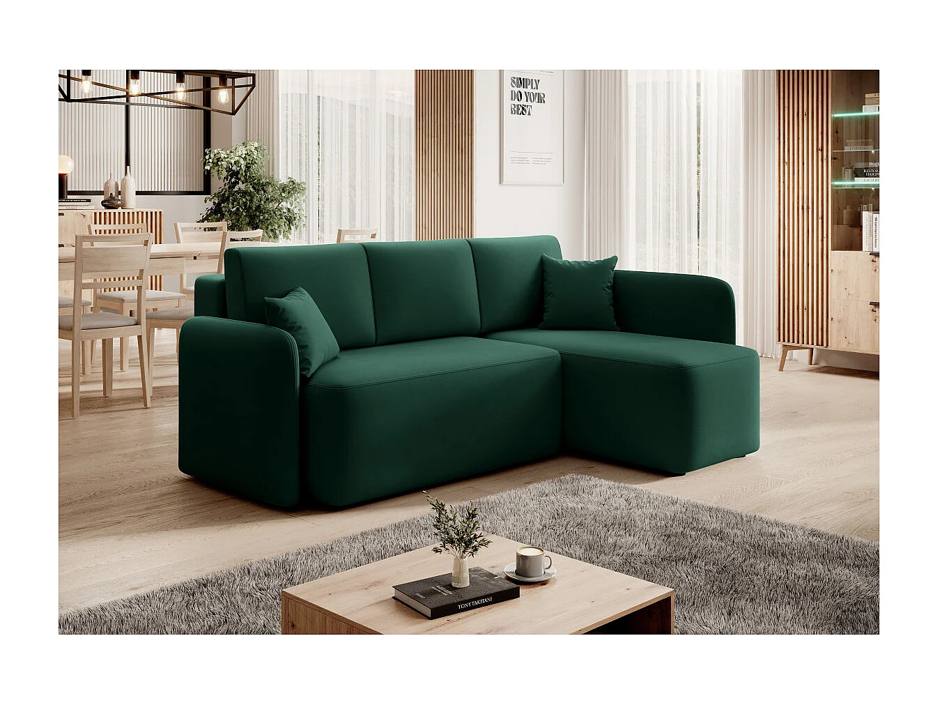 Petit canapé d'angle convertible 3 places tissu vert Takin 206cm-Méridienne A droite