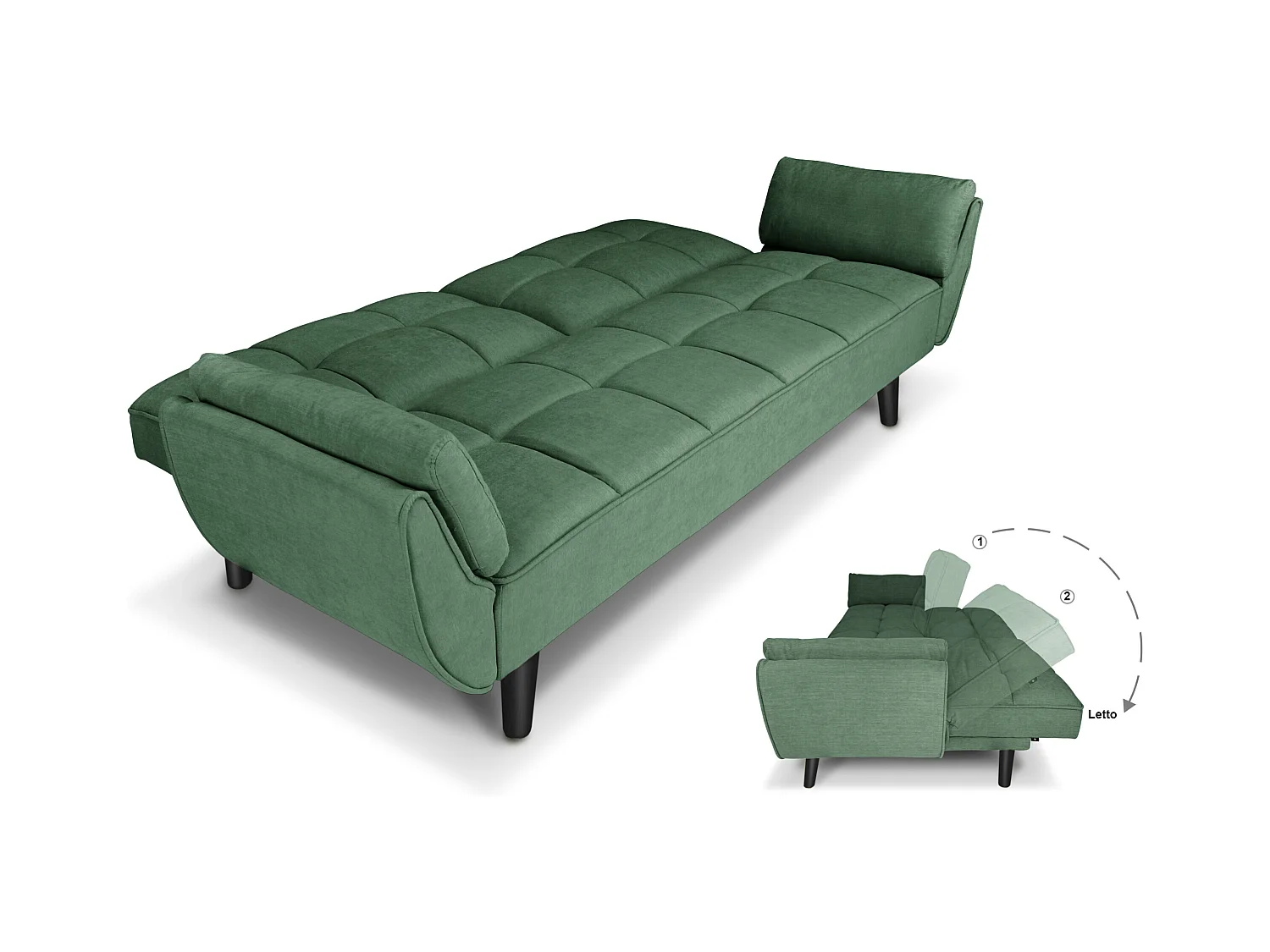 Divano letto clic clac in tessuto vellutato verde abete - Ambra piede legno nero