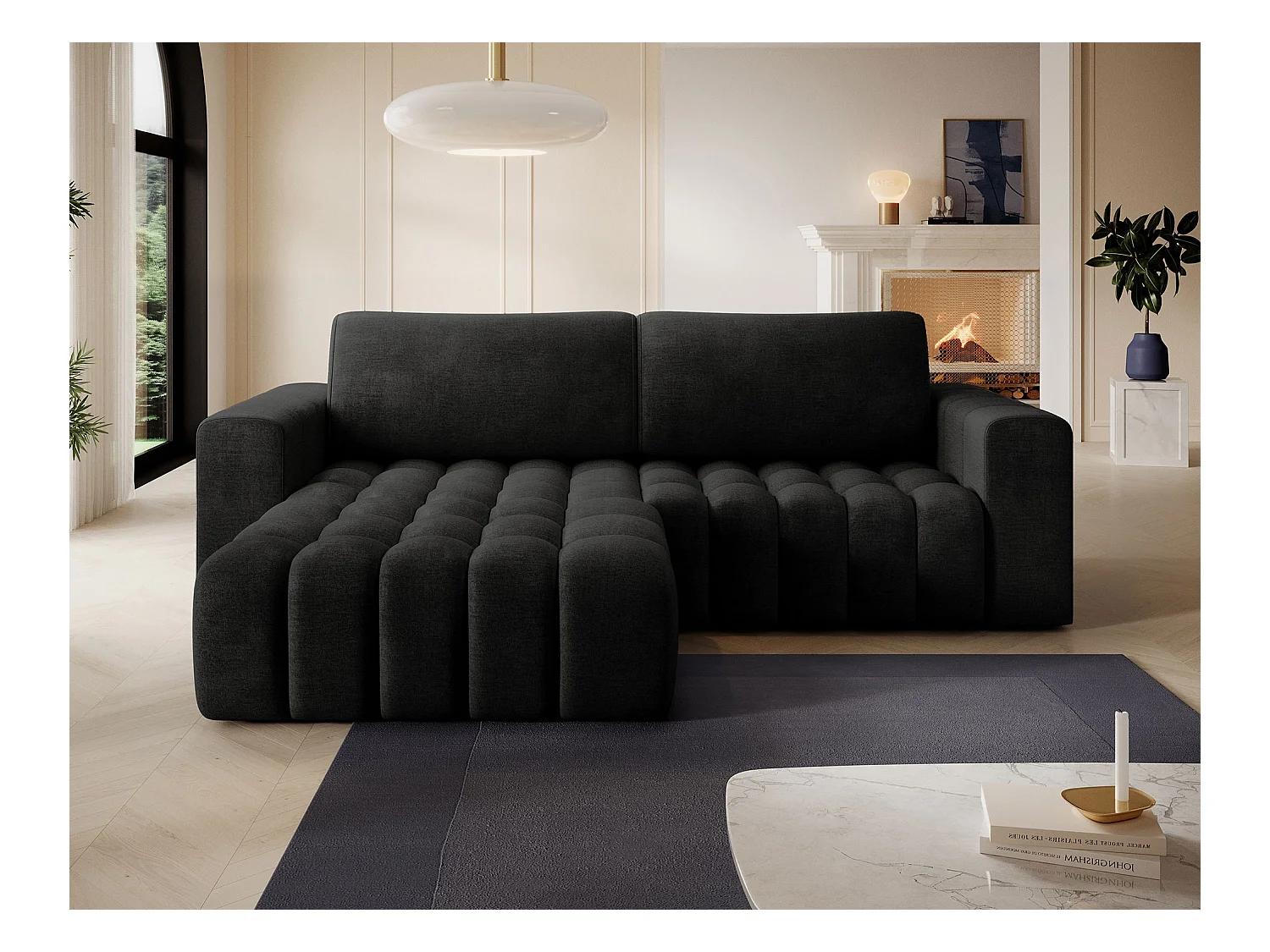 Canapé d’angle velours capitonné BOZEN – Convertible et rangement-Gris anthracite-angle gauche