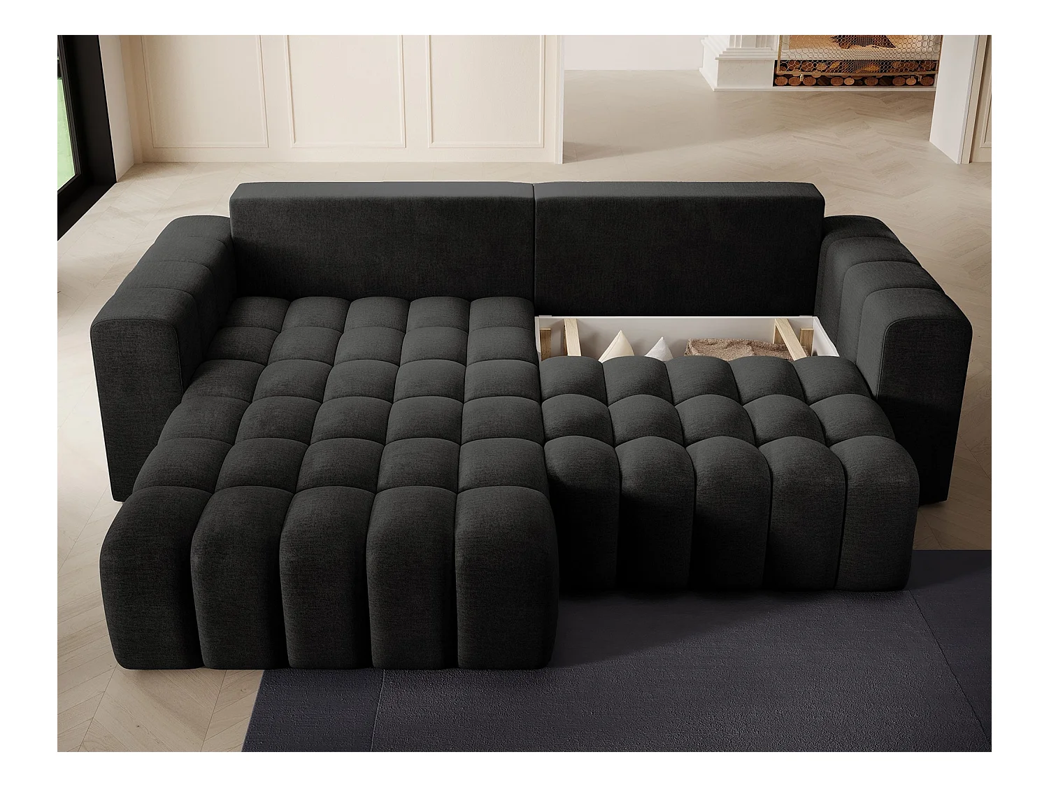 Canapé d’angle velours capitonné BOZEN – Convertible et rangement-Gris anthracite-angle gauche