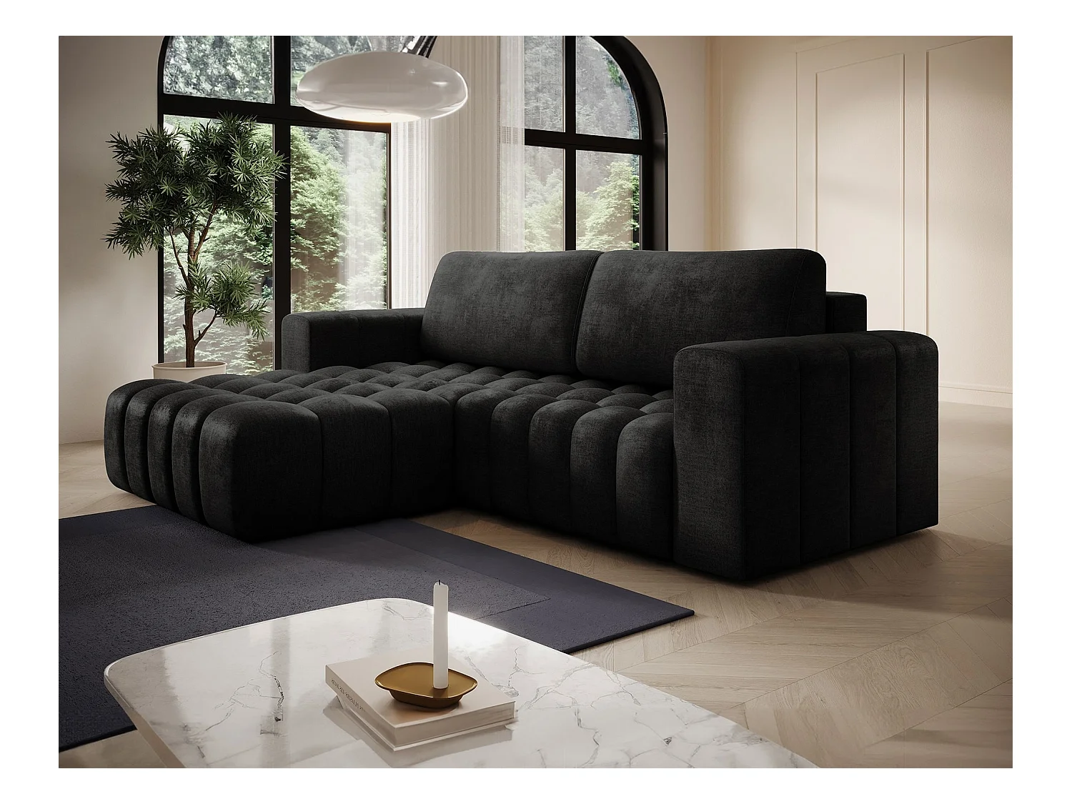 Canapé d’angle velours capitonné BOZEN – Convertible et rangement-Gris anthracite-angle gauche