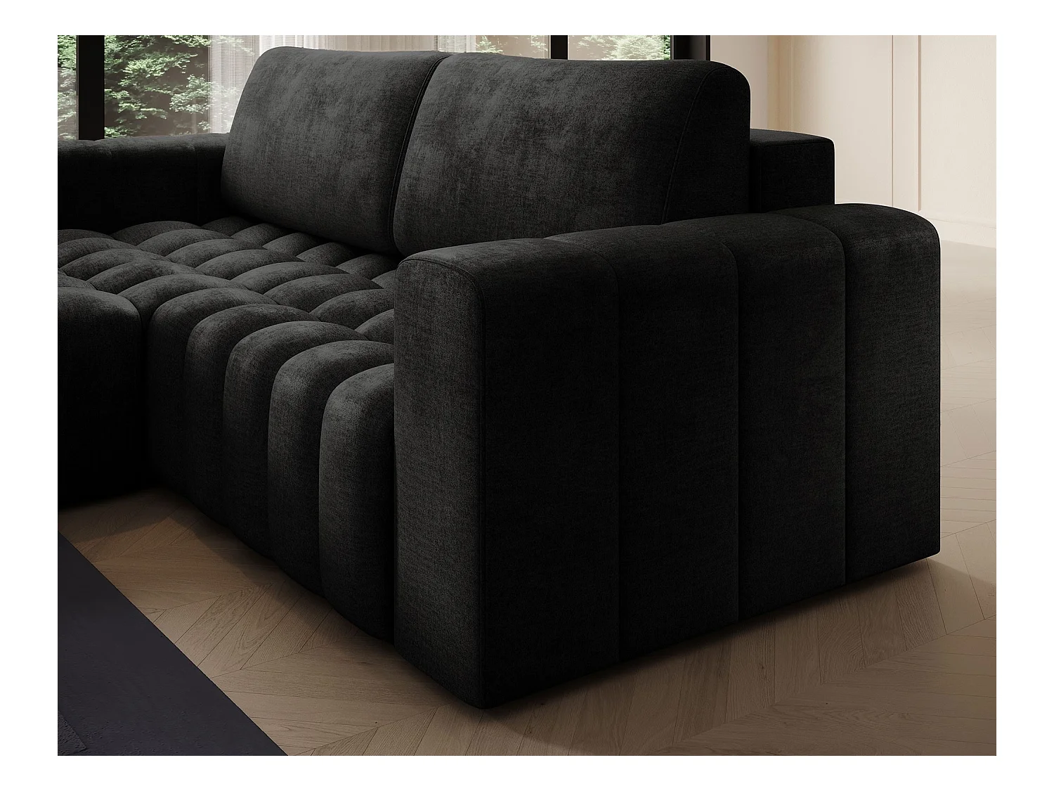 Canapé d’angle velours capitonné BOZEN – Convertible et rangement-Gris anthracite-angle gauche