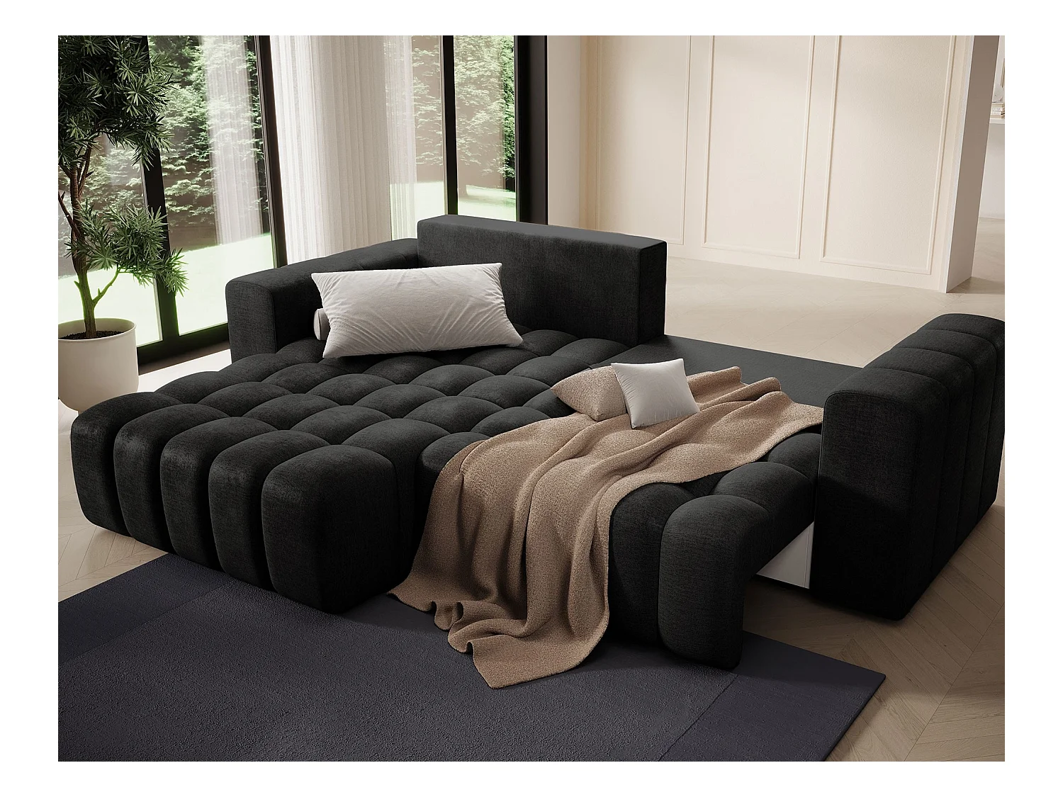 Canapé d’angle velours capitonné BOZEN – Convertible et rangement-Gris anthracite-angle gauche