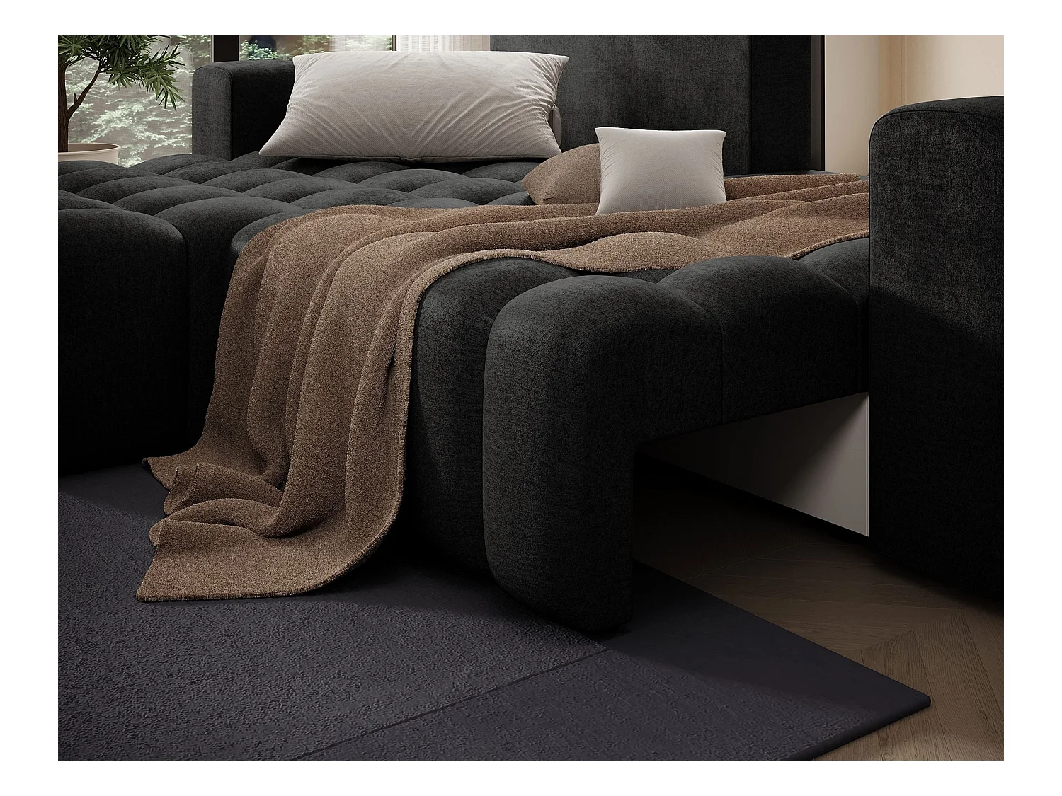 Canapé d’angle velours capitonné BOZEN – Convertible et rangement-Gris anthracite-angle gauche