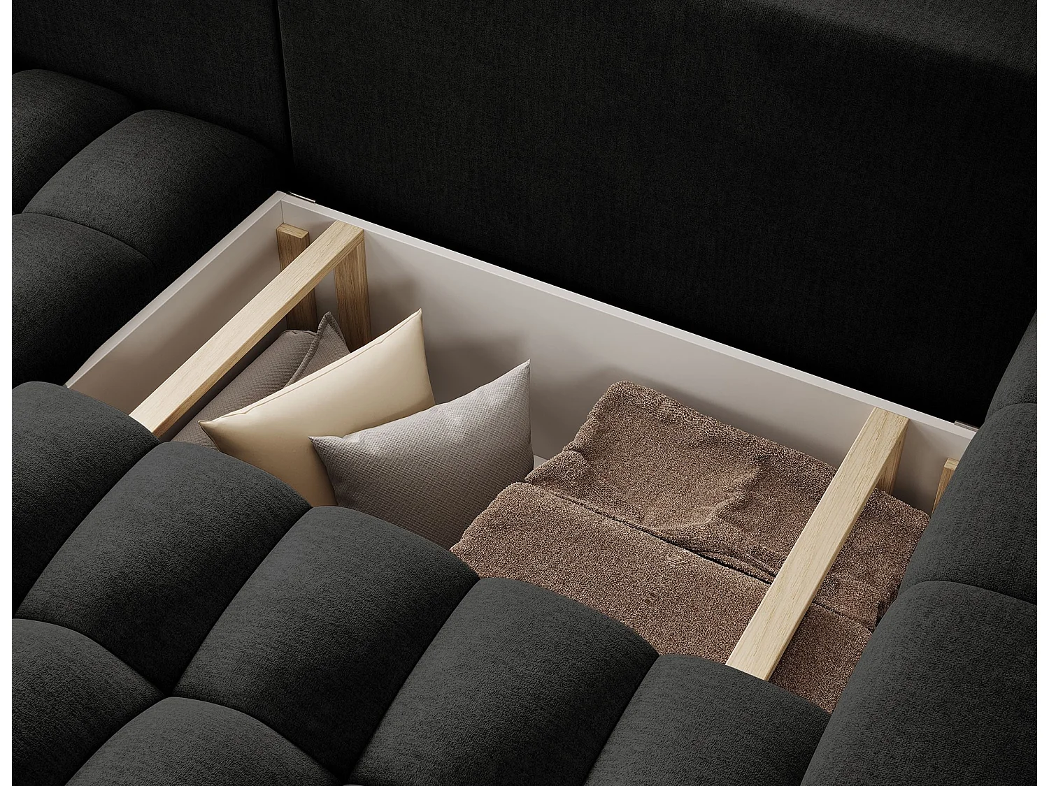 Canapé d’angle velours capitonné BOZEN – Convertible et rangement-Gris anthracite-angle gauche