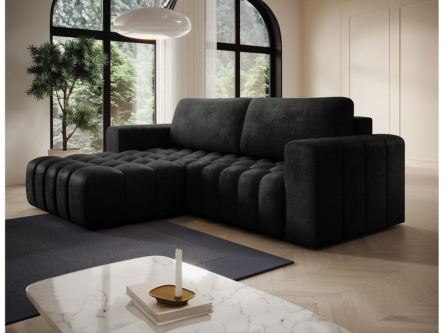 Canapé d’angle velours capitonné BOZEN – Convertible et rangement-Gris anthracite-angle gauche