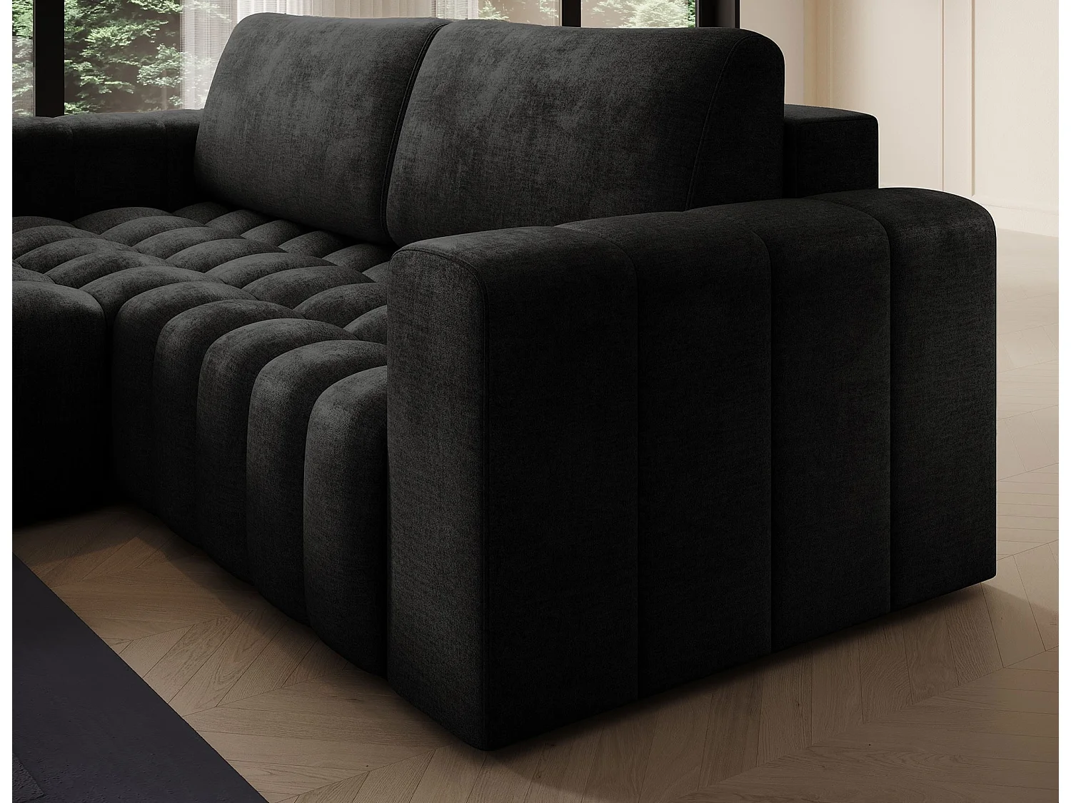 Canapé d’angle velours capitonné BOZEN – Convertible et rangement-Gris anthracite-angle gauche