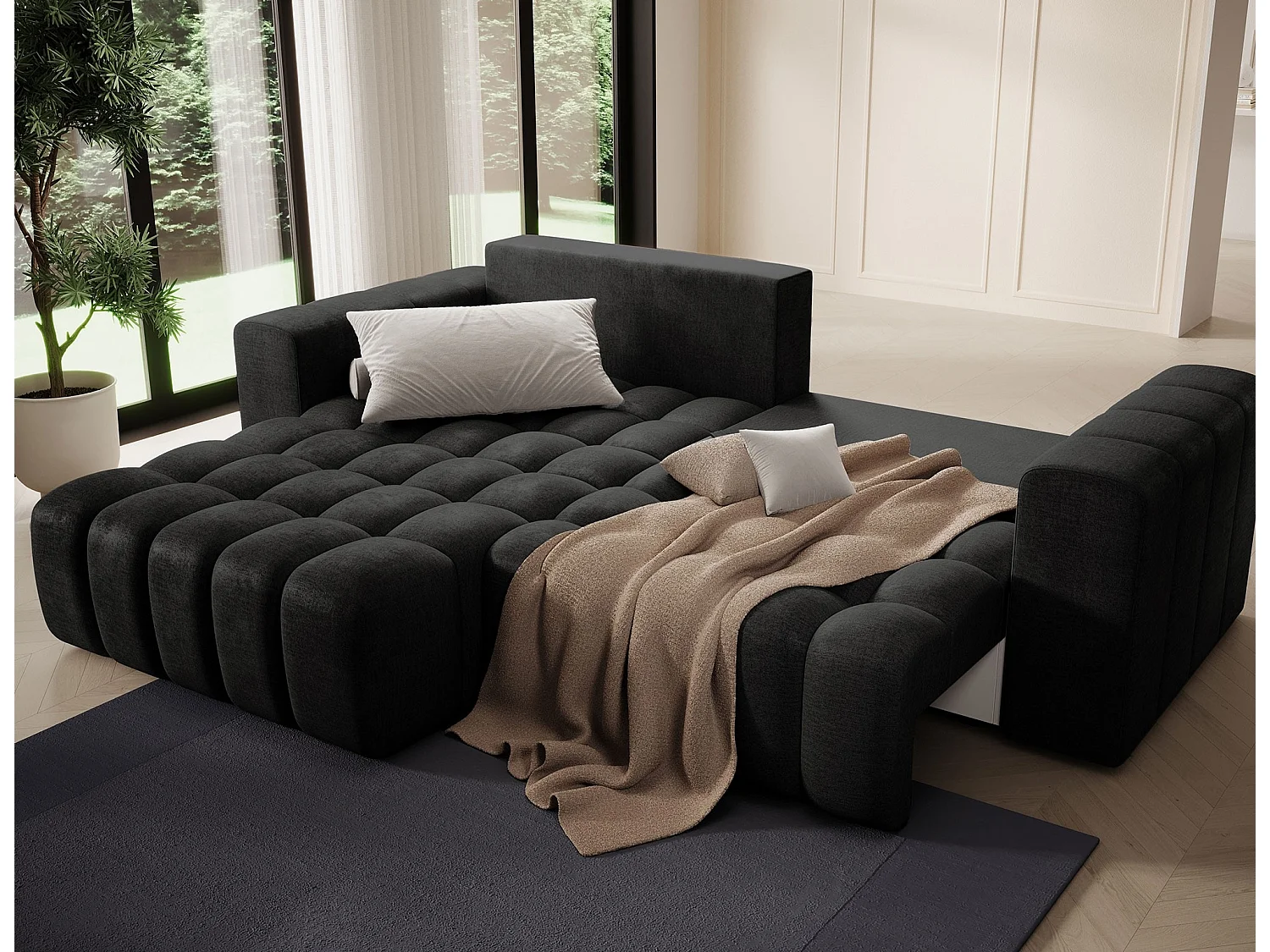 Canapé d’angle velours capitonné BOZEN – Convertible et rangement-Gris anthracite-angle gauche