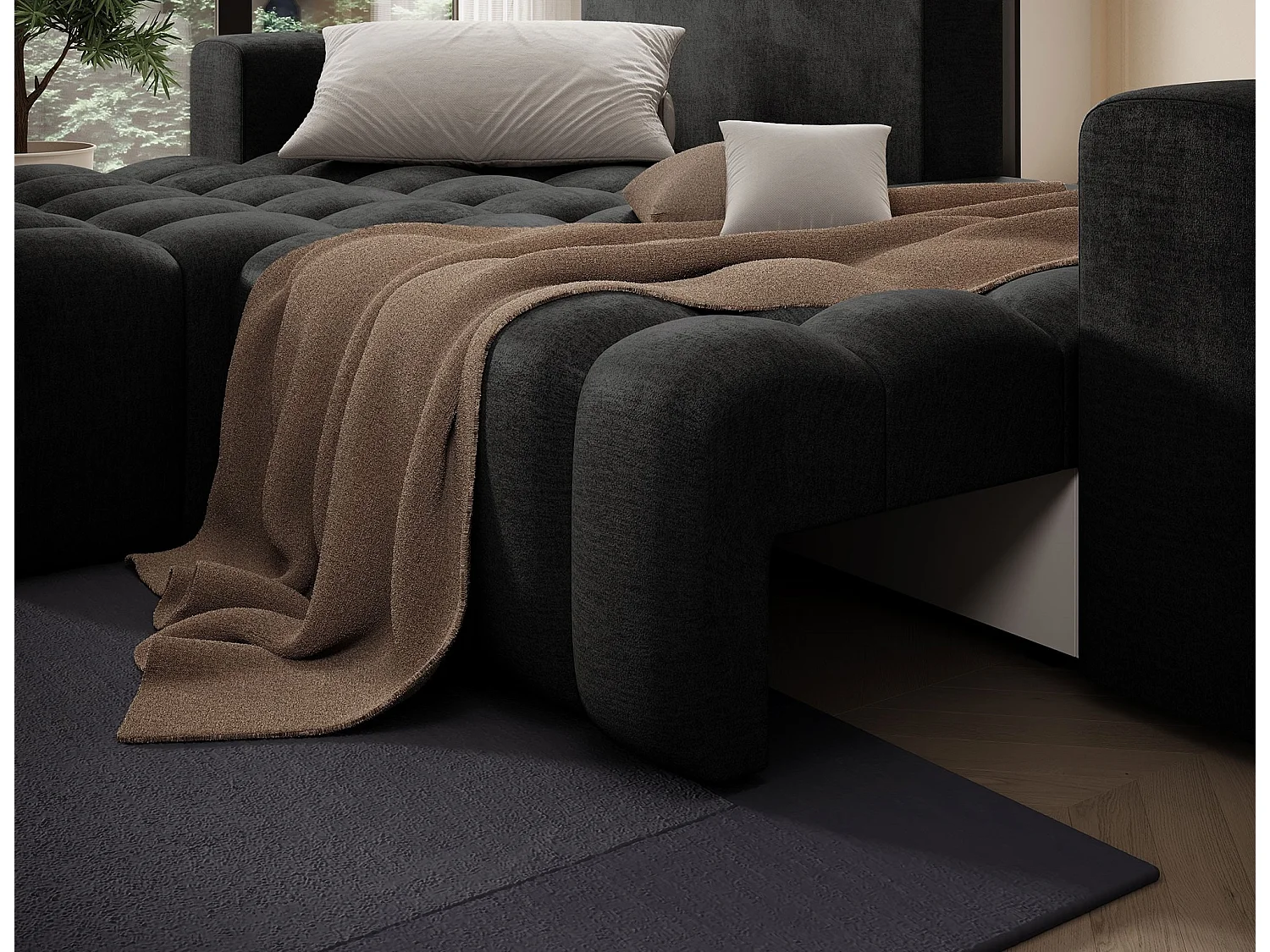 Canapé d’angle velours capitonné BOZEN – Convertible et rangement-Gris anthracite-angle gauche