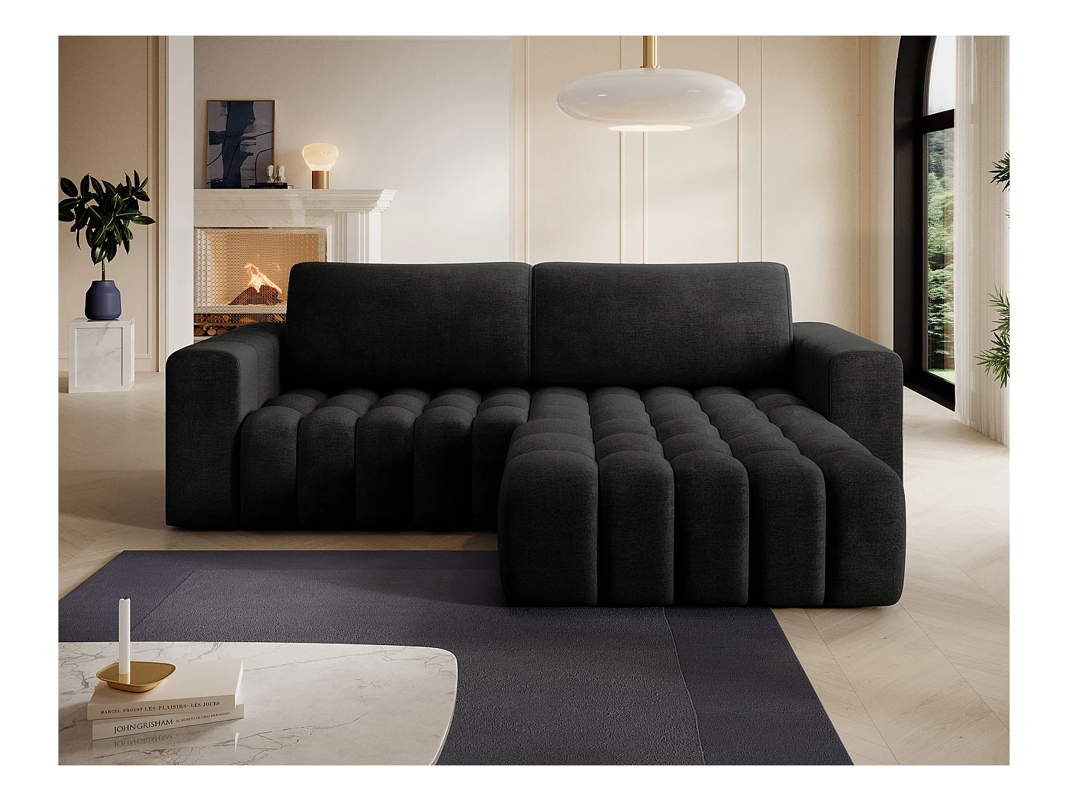 Canapé d’angle velours capitonné BOZEN – Convertible et rangement-Gris anthracite-angle droit