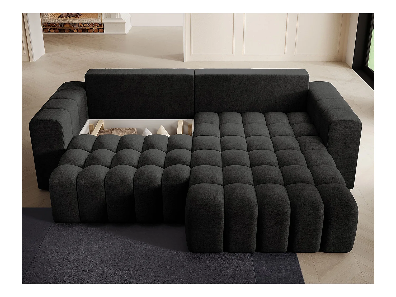 Canapé d’angle velours capitonné BOZEN – Convertible et rangement-Gris anthracite-angle droit