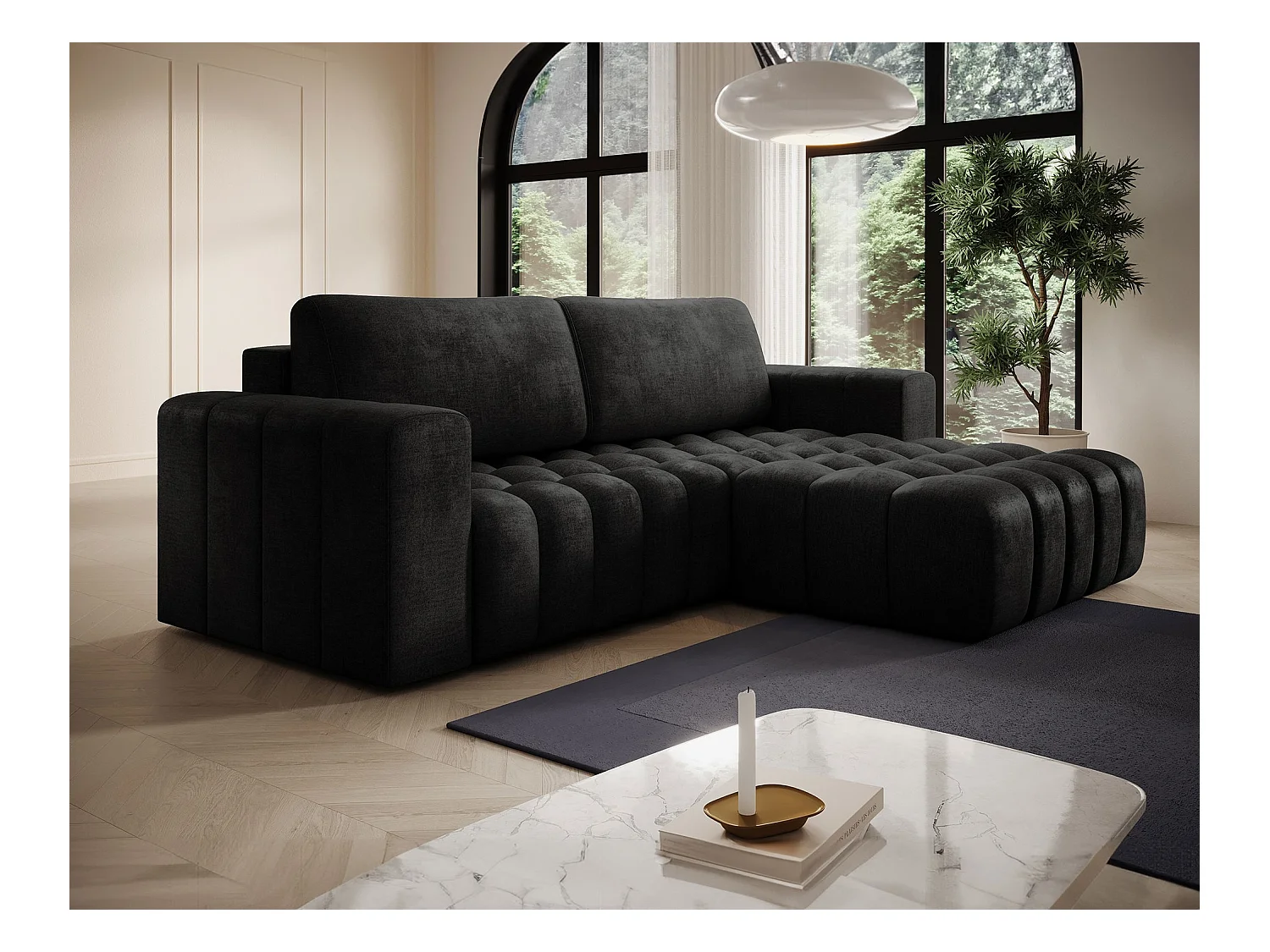 Canapé d’angle velours capitonné BOZEN – Convertible et rangement-Gris anthracite-angle droit