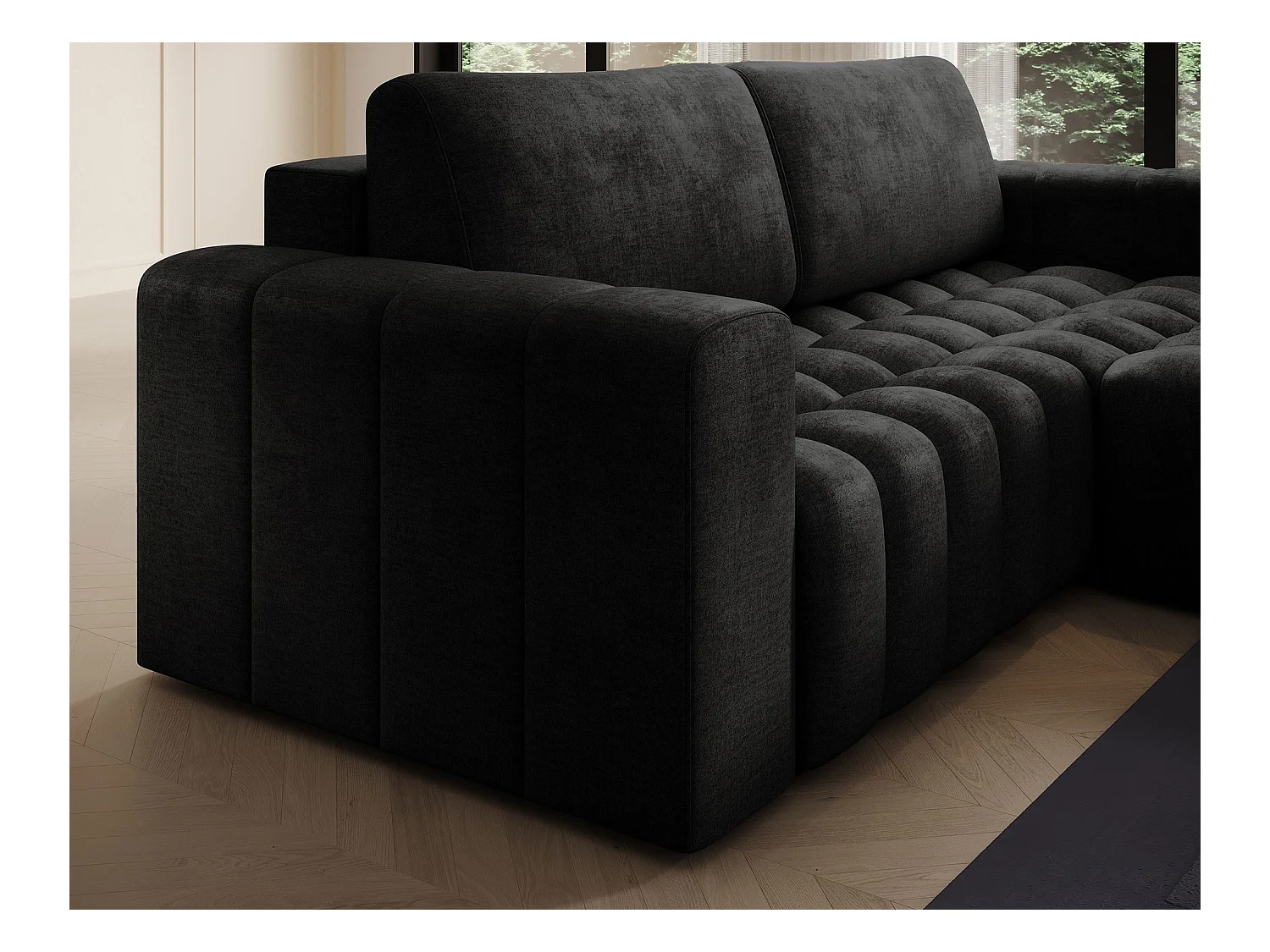 Canapé d’angle velours capitonné BOZEN – Convertible et rangement-Gris anthracite-angle droit