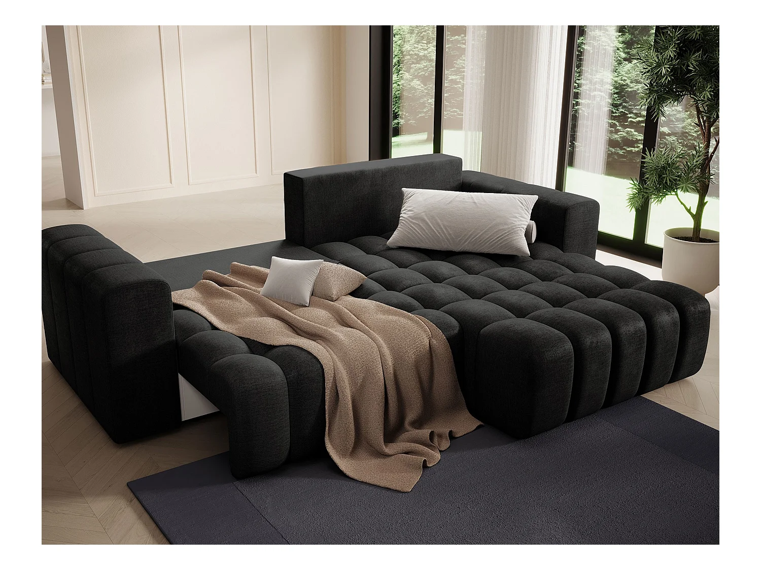 Canapé d’angle velours capitonné BOZEN – Convertible et rangement-Gris anthracite-angle droit