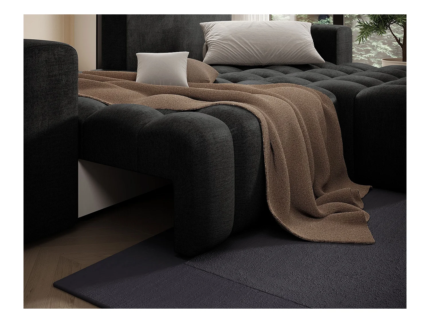 Canapé d’angle velours capitonné BOZEN – Convertible et rangement-Gris anthracite-angle droit