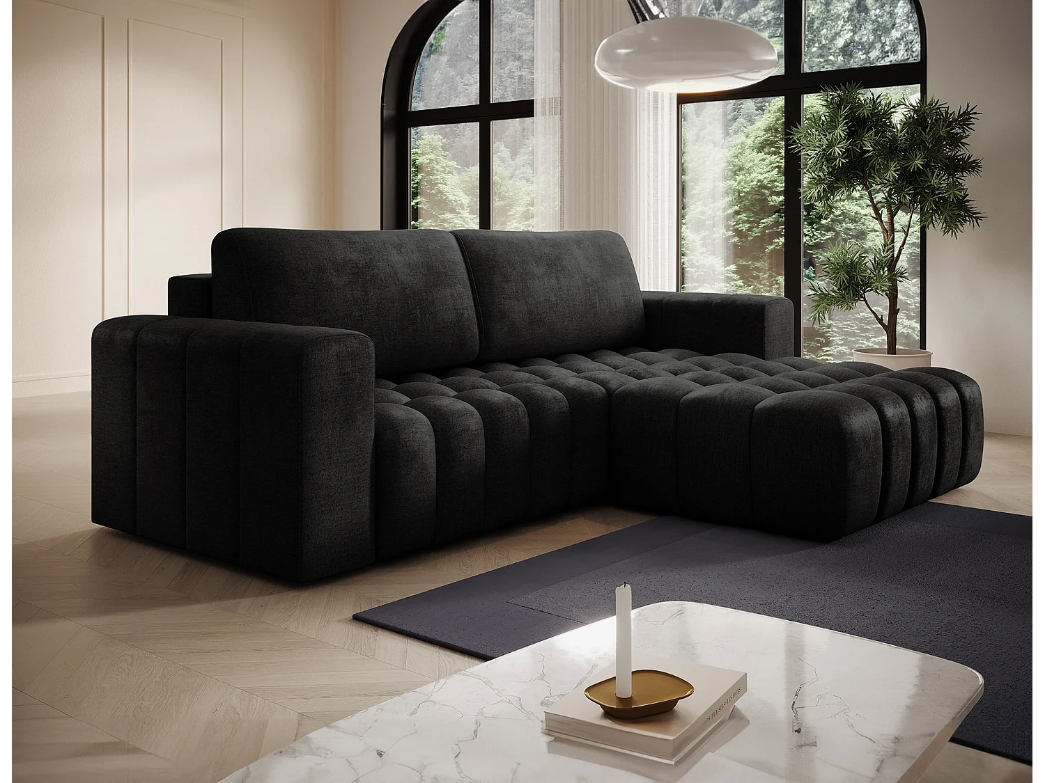 Canapé d’angle velours capitonné BOZEN – Convertible et rangement-Gris anthracite-angle droit