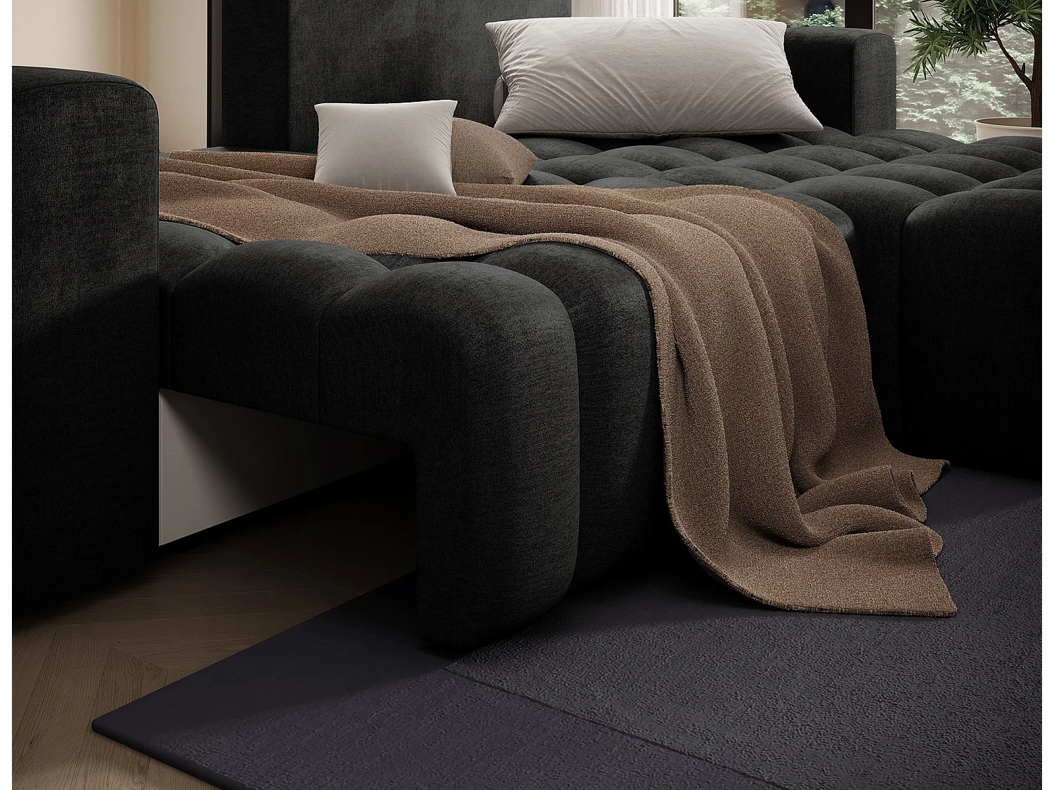 Canapé d’angle velours capitonné BOZEN – Convertible et rangement-Gris anthracite-angle droit