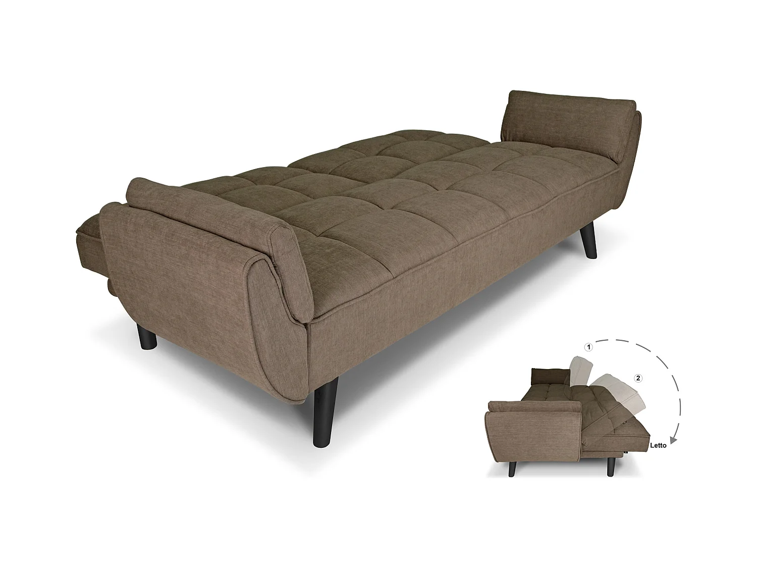 Divano letto clic clac in tessuto vellutato marrone - Ambra piede legno nero