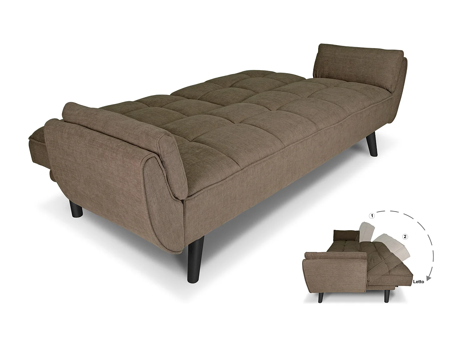 Divano letto clic clac in tessuto vellutato marrone - Ambra piede legno nero