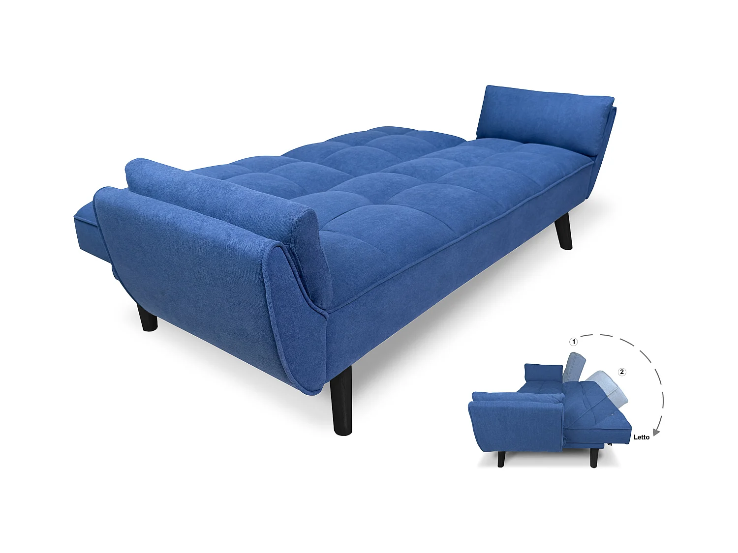Divano letto clic clac in tessuto vellutato blu - Ambra piede legno nero