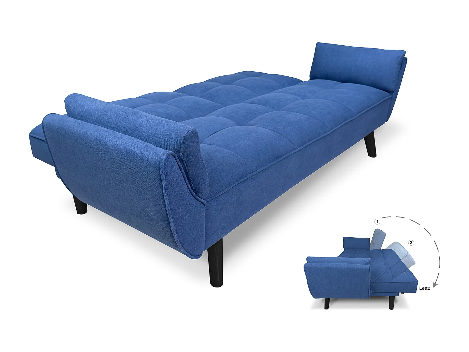 Divano letto clic clac in tessuto vellutato blu - Ambra piede legno nero