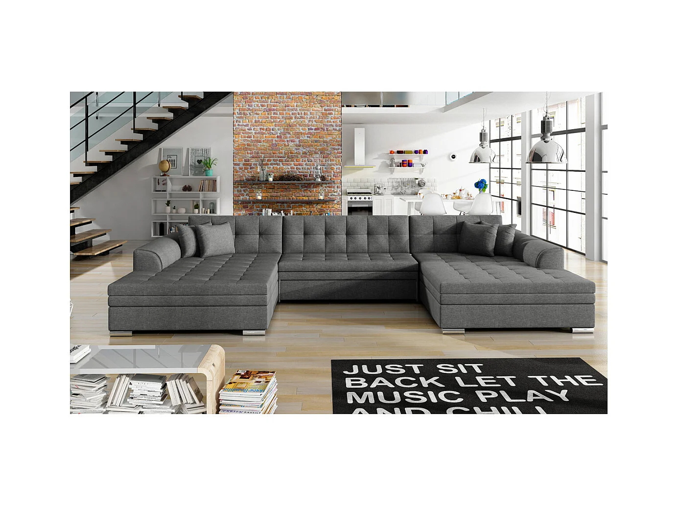 Canapé d'angle panoramique 5 places RIMA convertible en tissu - Gris anthracite