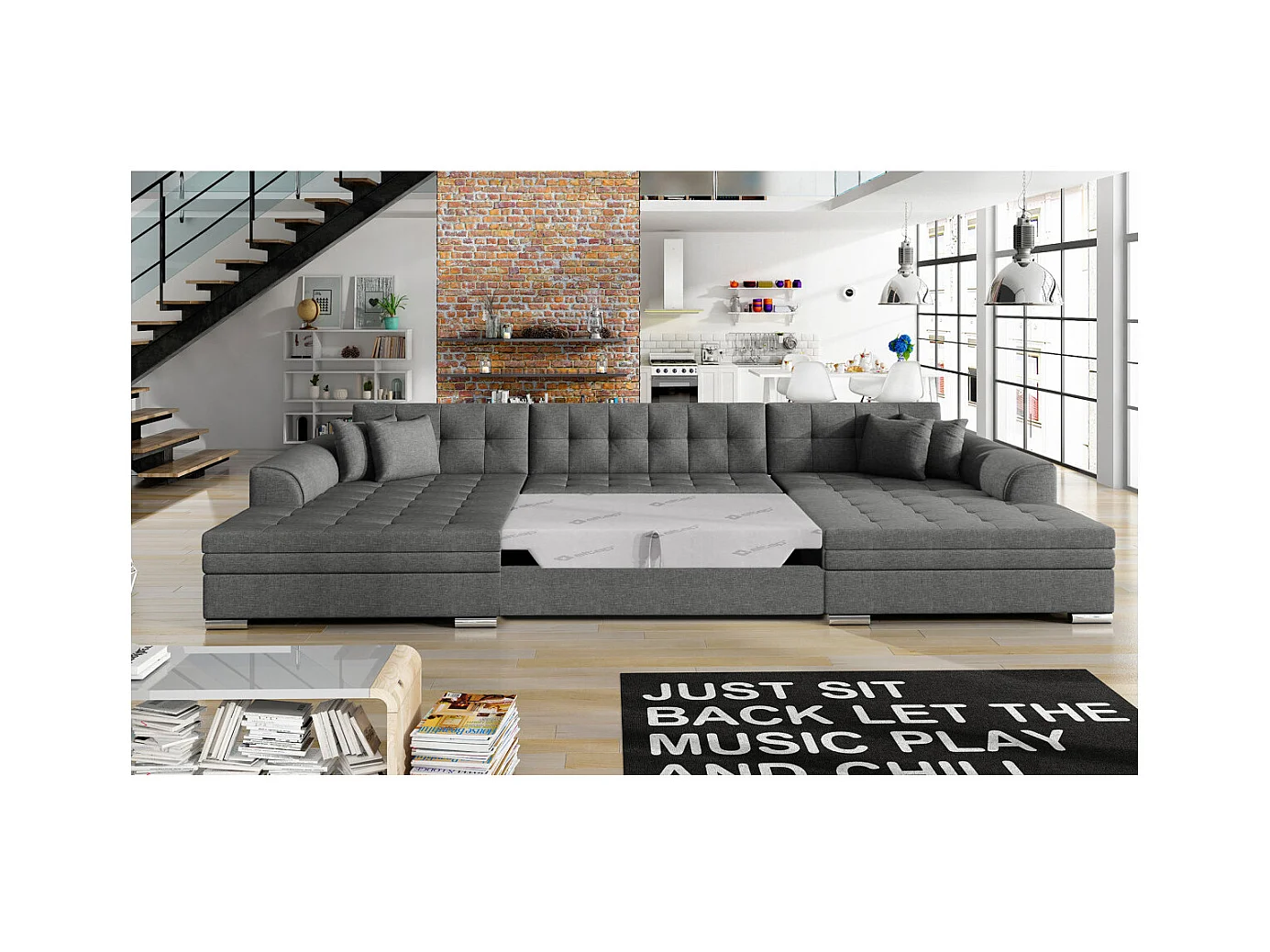 Canapé d'angle panoramique 5 places RIMA convertible en tissu - Gris anthracite