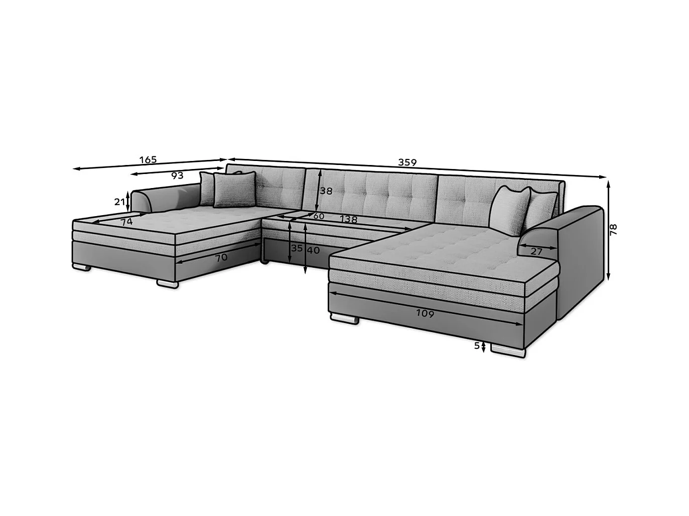 Canapé d'angle panoramique 5 places RIMA convertible en tissu - Gris anthracite