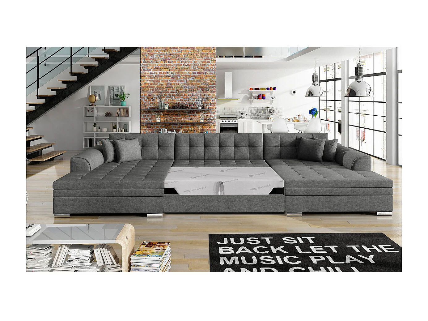 Canapé d'angle panoramique 5 places RIMA convertible en tissu - Gris anthracite