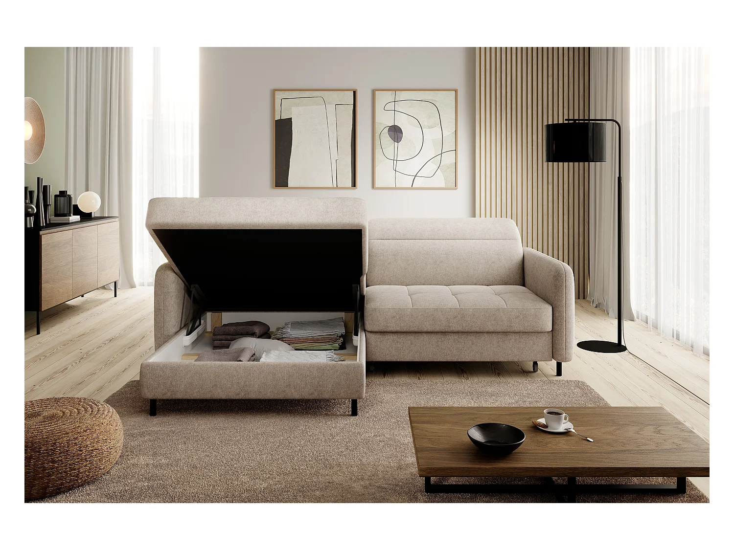 Petit canapé d’angle convertible tissu Kunder-Beige foncé-angle gauche