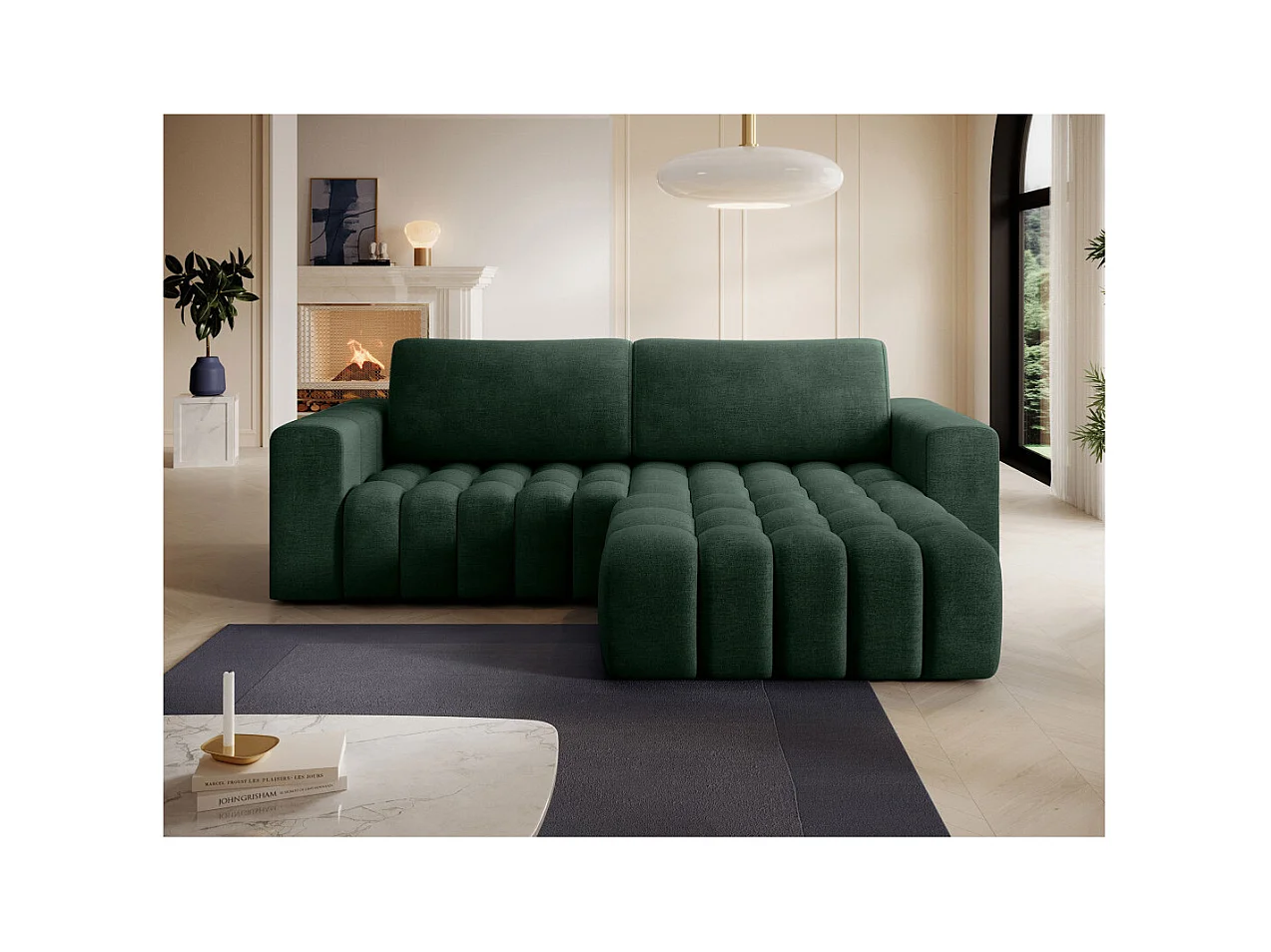 Canapé d'angle droit 3 places ASSIA convertible en tissu - Vert foncé