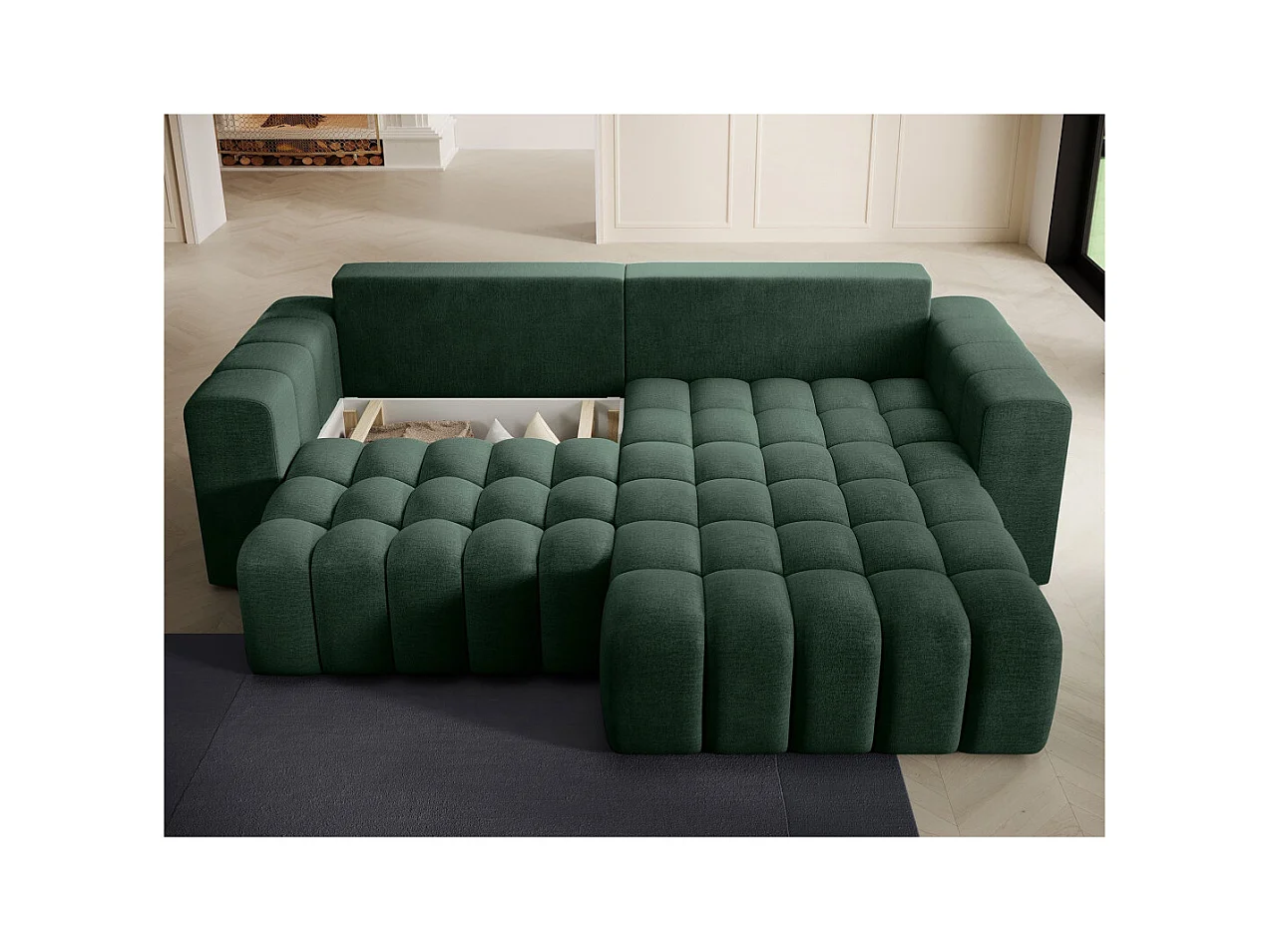 Canapé d'angle droit 3 places ASSIA convertible en tissu - Vert foncé