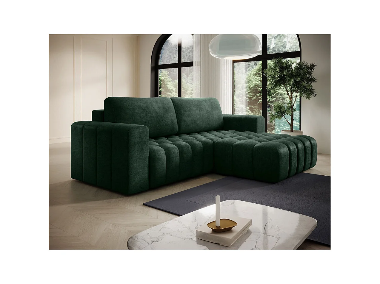 Canapé d'angle droit 3 places ASSIA convertible en tissu - Vert foncé