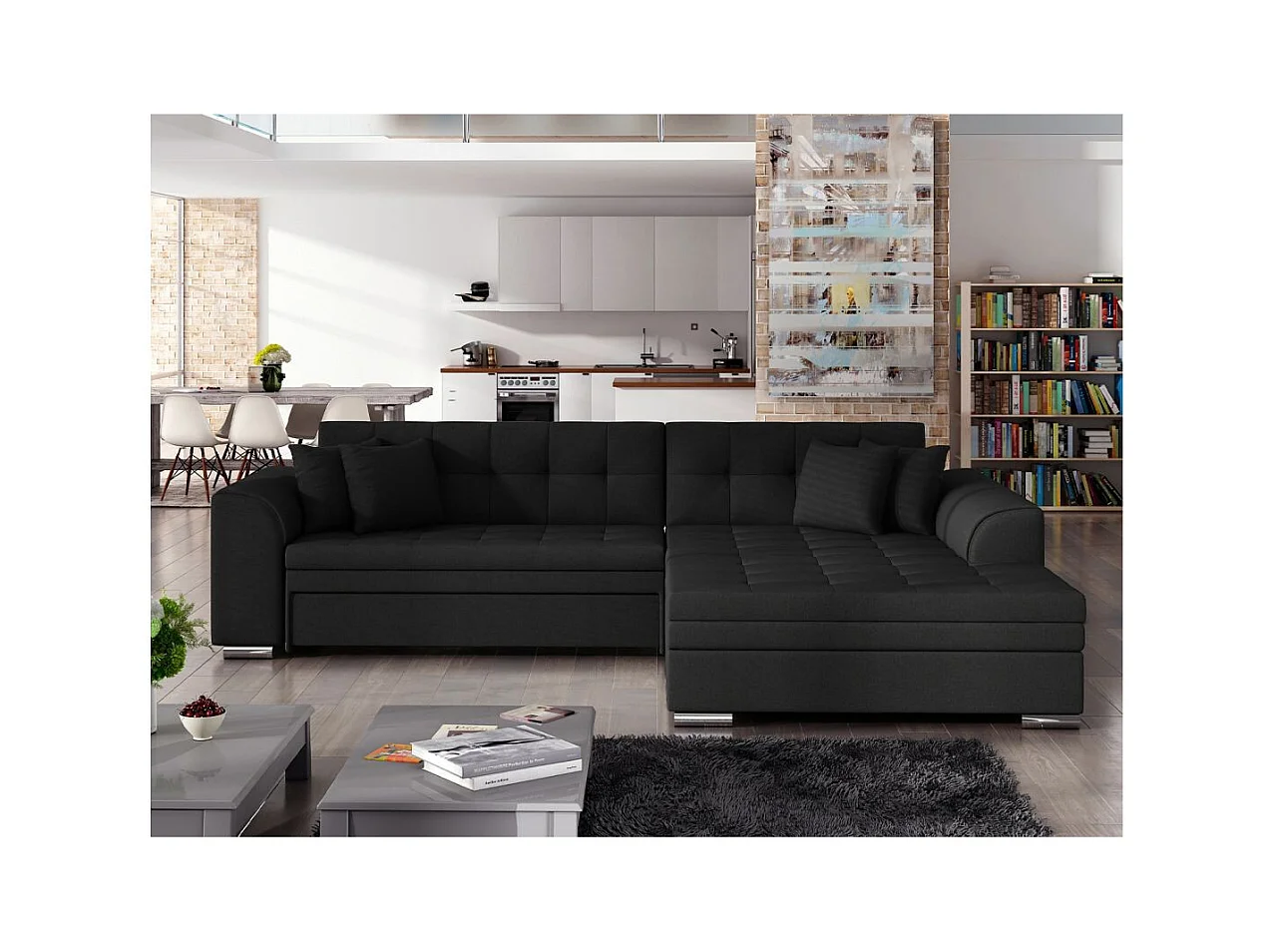 Canapé d'angle droit 4 places NILA convertible en tissu - Gris anthracite