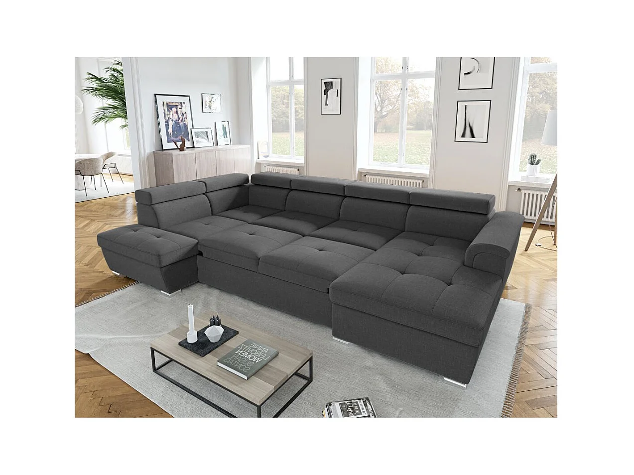 Canapé Panoramique 6 places Convertible PAOLA en Tissu - Gris anthracite - Angle Gauche