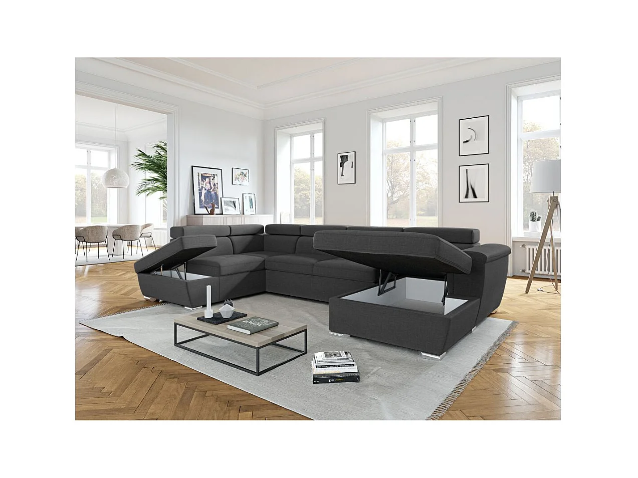 Canapé Panoramique 6 places Convertible PAOLA en Tissu - Gris anthracite - Angle Gauche